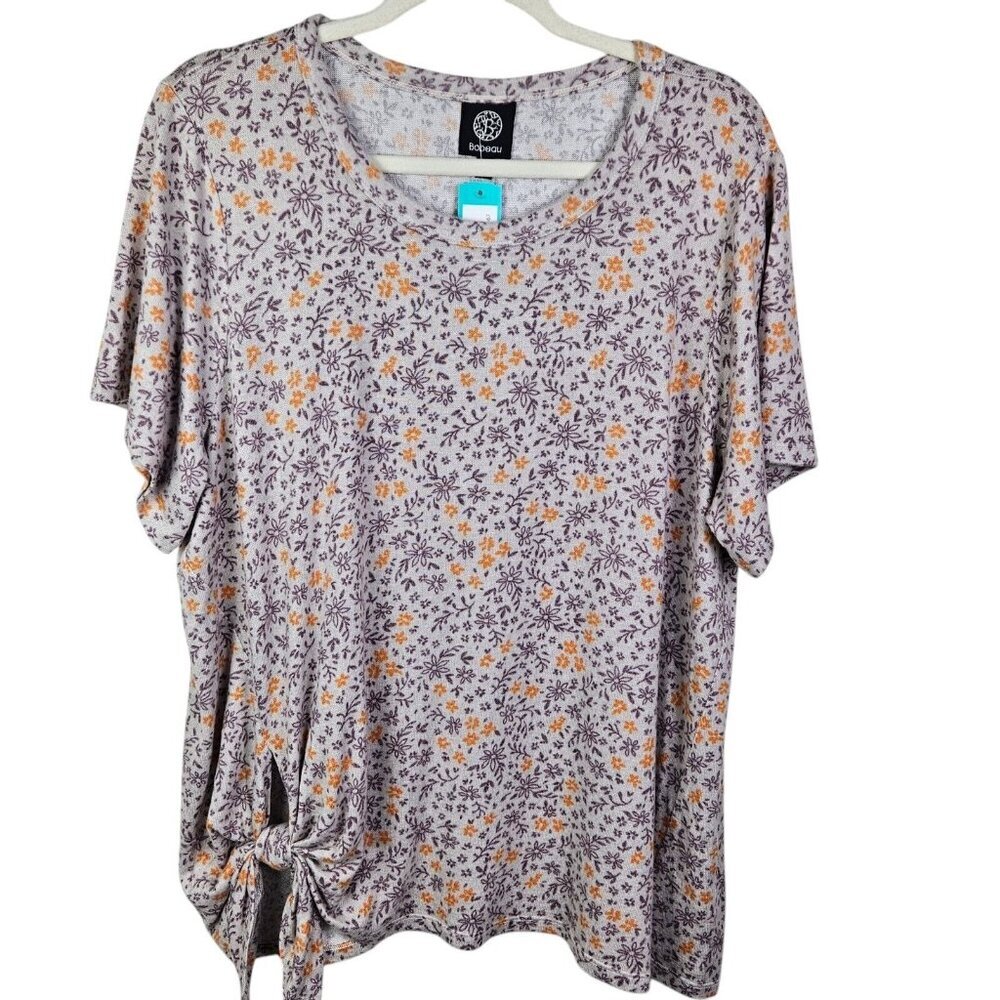 Bobeau Gray Lavender Soft Knit Floral Print Pullover Short Sleeve T Size 2XL New
